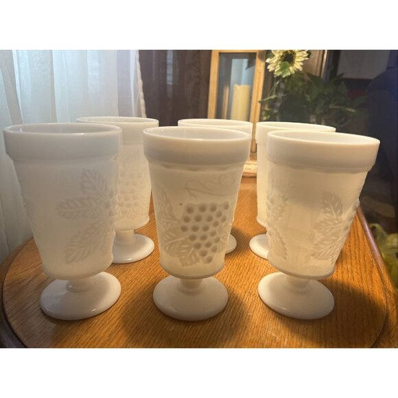 Other - WHITE MILK GLASS VINTAGE 6 pcs. 10 oz footed goblets, grape clusters.